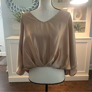 Relaxed Tan Blouse with V-Neck and Tie Front